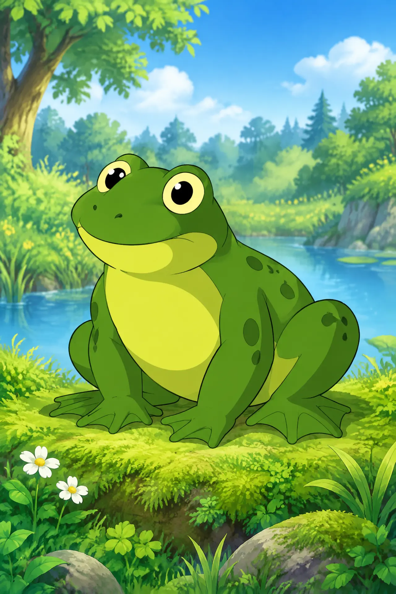 Hops, a plump green frog with large round eyes