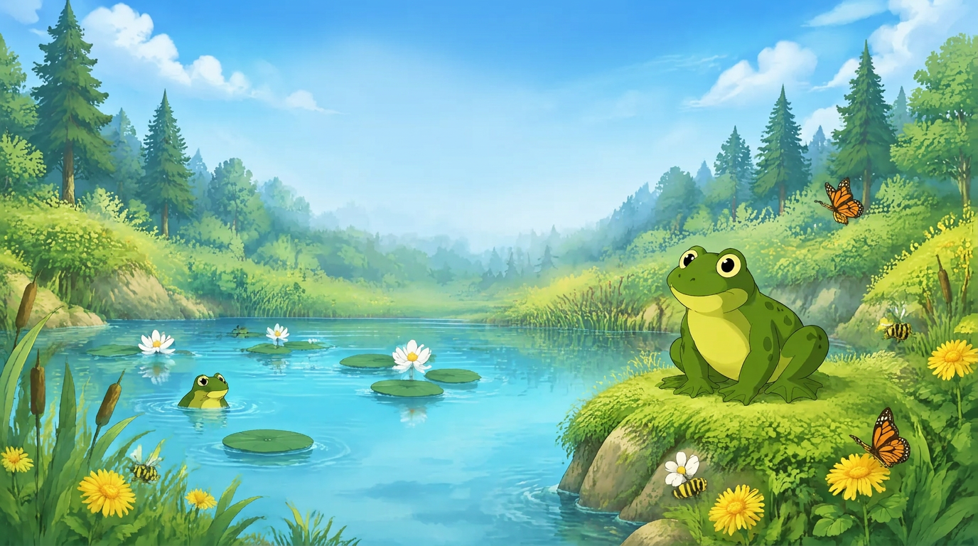 Bright illustrated frog park with a turquoise lake, lilies, flowers, bees, butterflies and the official green toad