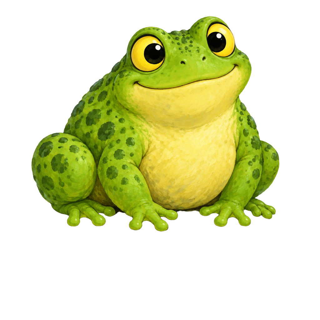 Hopz the Toad, a plump green toad sitting by the notice board