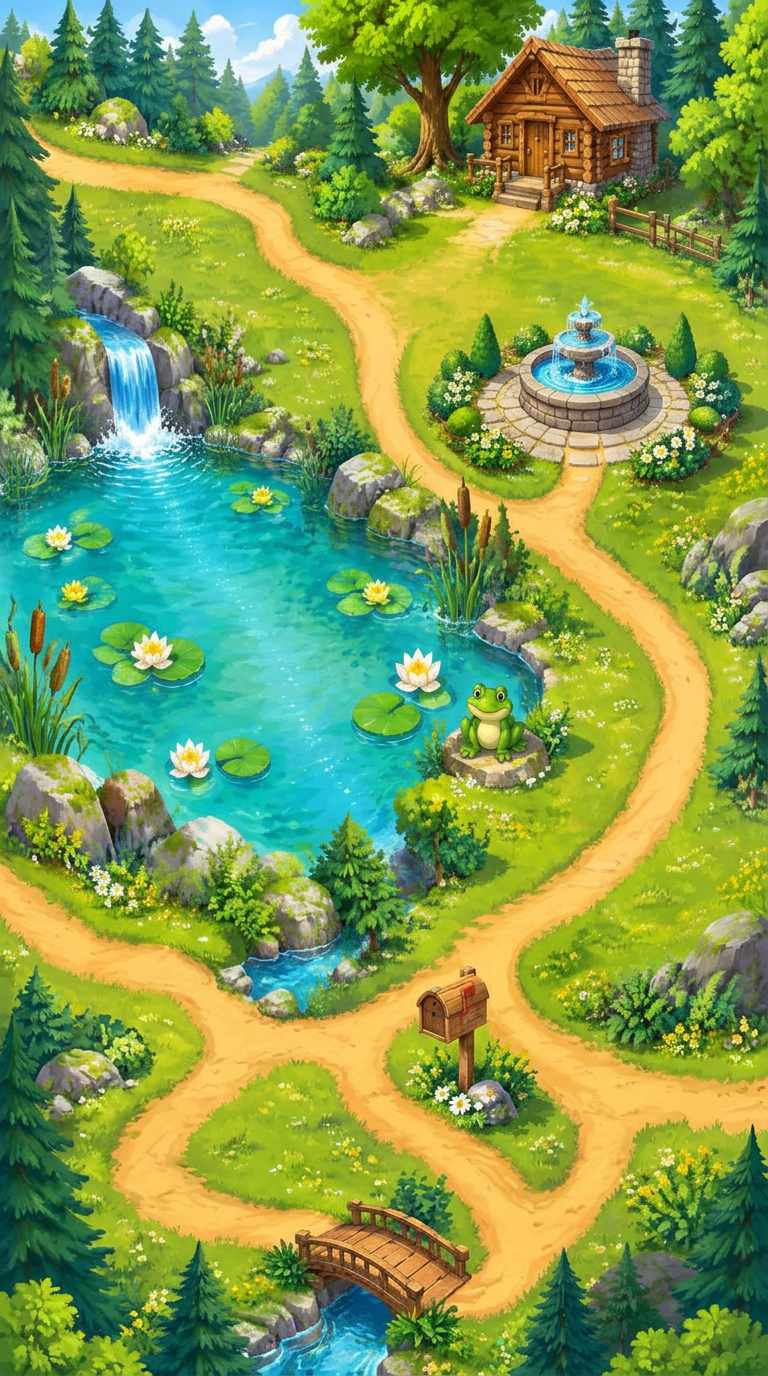 Bright storybook map of Anuro Park with a turquoise pond, frog, cabin, fountain, paths and mailbox